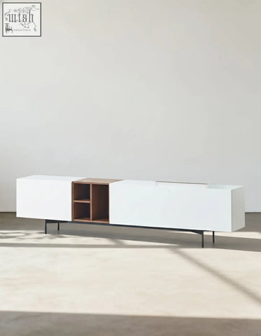 Modern acacia tv stand white with wood tones and sleek black metal legs for organized entertainment space