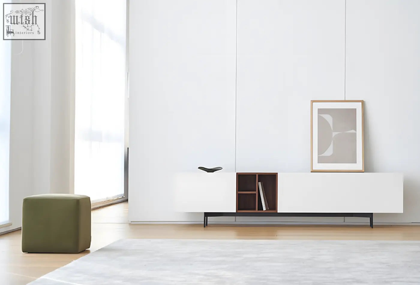 Olive green upholstered cube ottoman paired with acacia tv stand white for organized entertainment space