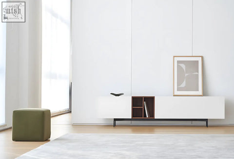 Olive green upholstered cube ottoman paired with acacia tv stand white for organized entertainment space