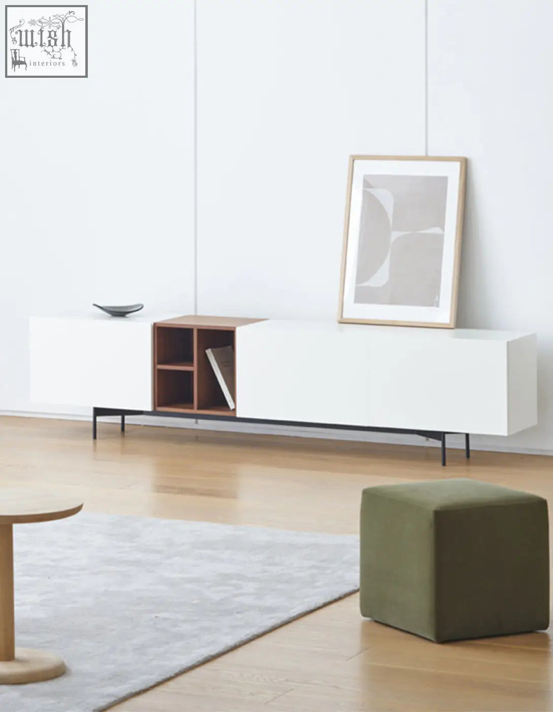 White and wood-toned acacia tv stand with black metal legs for an organized entertainment space