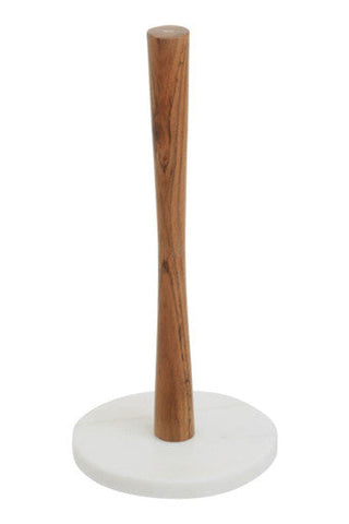 A sleek light brown acacia wood kitchen roll holder with natural grain finish on a white marble base by monzaro