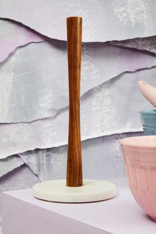 A sleek acacia wood kitchen roll holder with a smooth finish and white marble base for stylish kitchen use