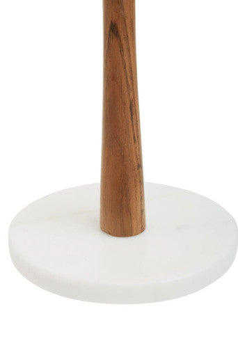 A sleek acacia wood kitchen roll holder with a smooth finish on a round white marble base by monzaro