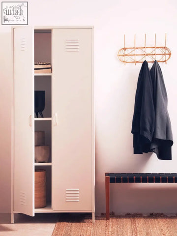 Beige metal academy white two-door locker style wardrobe with vertical ventilation slits and white handles