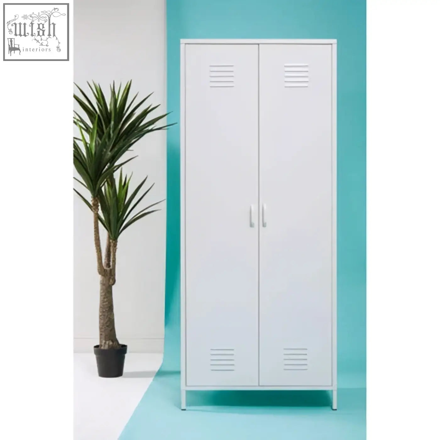 Academy white two-door locker style wardrobe with white metal doors, ventilation slits, and simple vertical handles