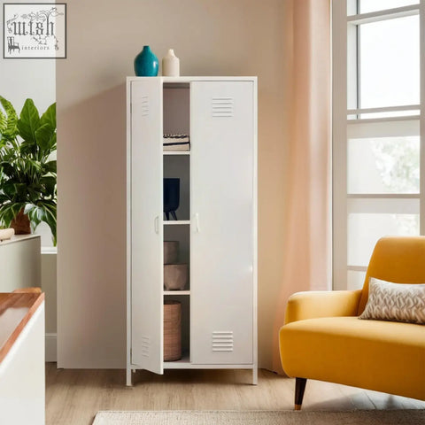 Academy white two-door locker style wardrobe showing white metal construction with one door open revealing shelves