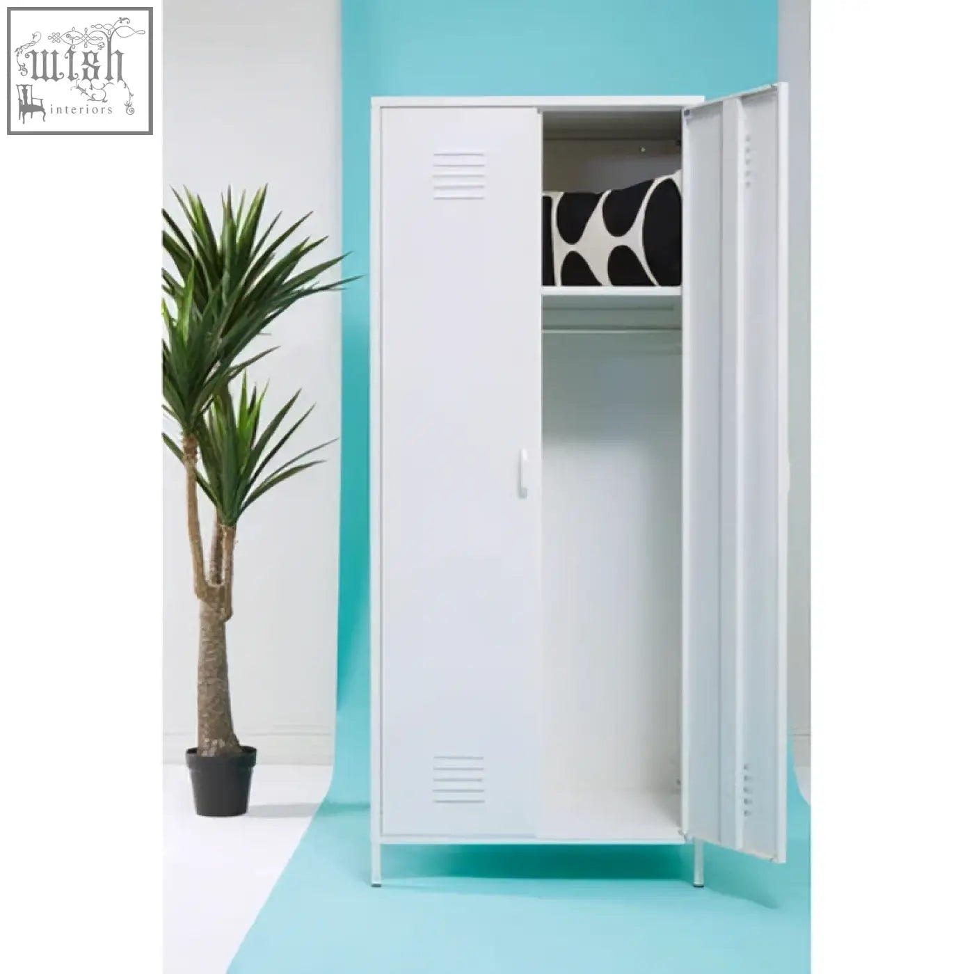 Academy white two-door metal locker with two doors and a black and white patterned item inside