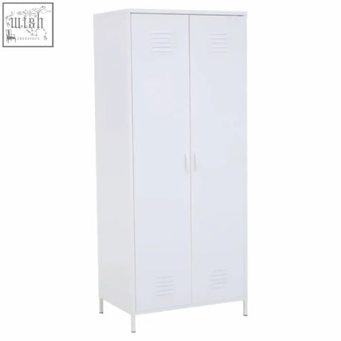 Academy white two-door white metal locker-style wardrobe with vents on each door for ventilation and storage convenience