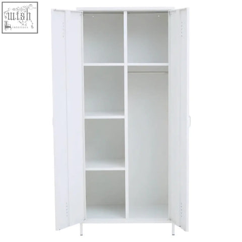 Academy white two-door locker-style wardrobe in white metal with open doors showing shelves and hanging rod inside