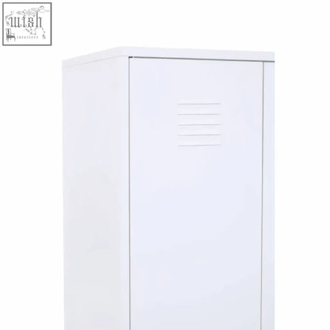 Academy white two-door locker style wardrobe with white metal doors and horizontal ventilation slits for easy storage