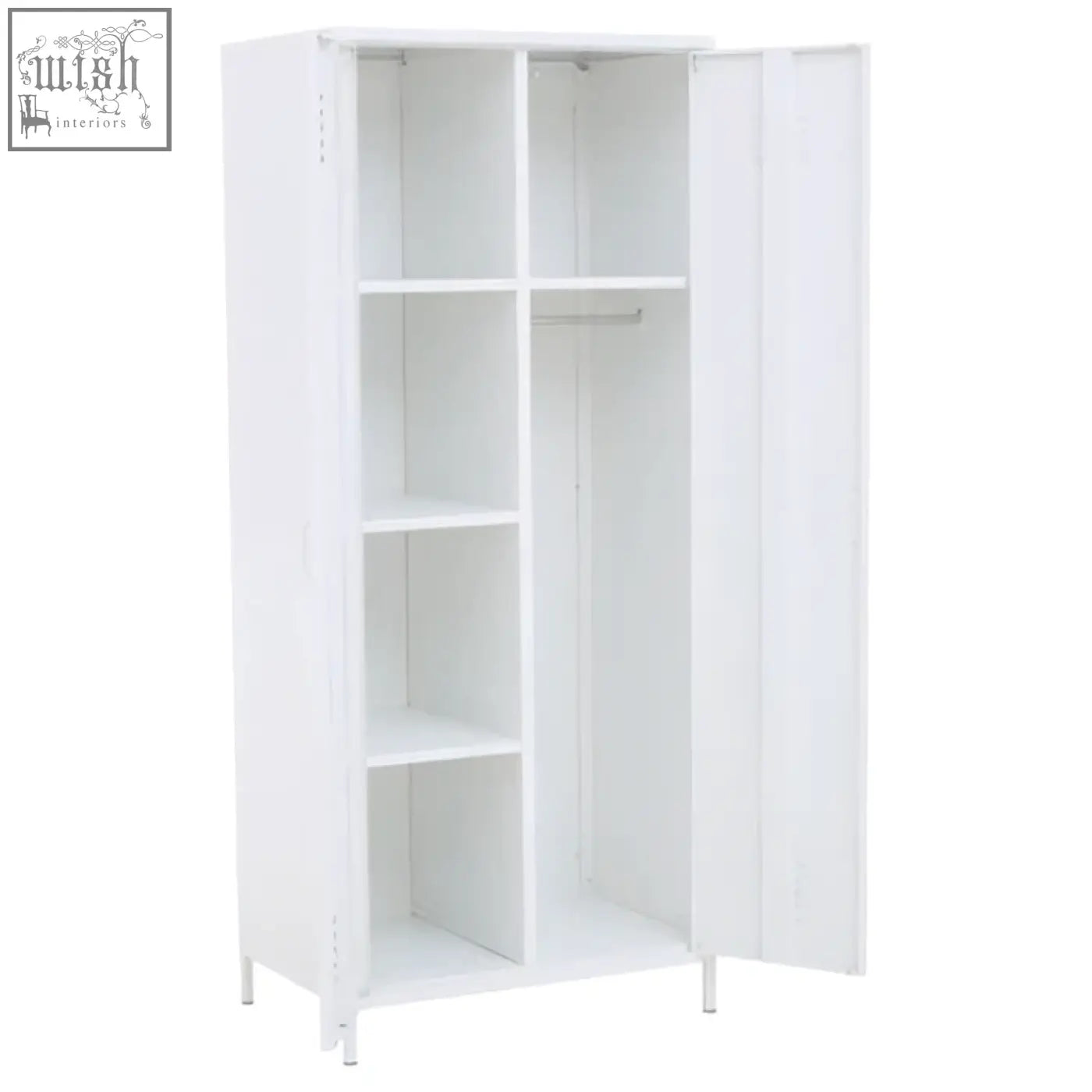 Academy white two-door locker style wardrobe in white with open shelves and hanging rod for easy storage