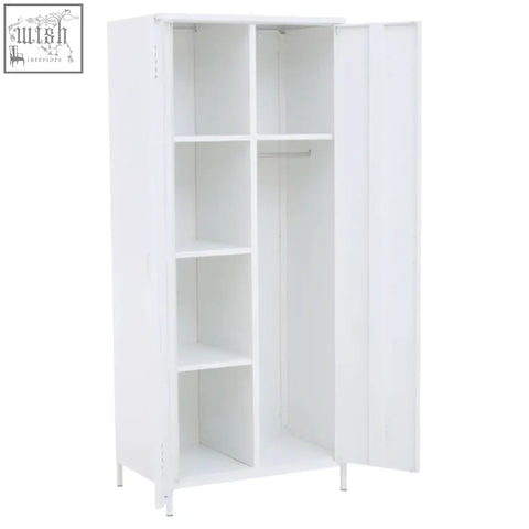 Academy white two-door locker style wardrobe in white with open shelves and hanging rod for easy storage