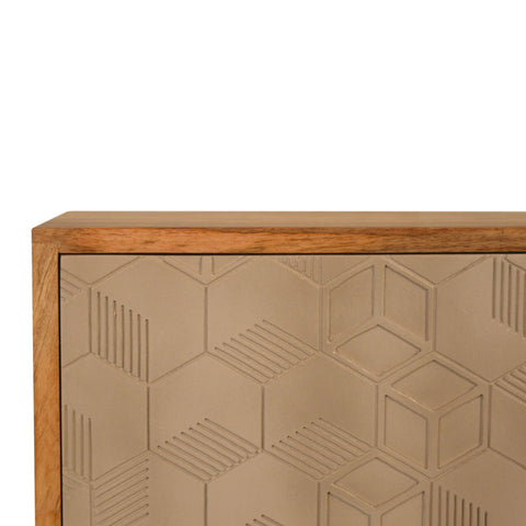 Beige acadia bedside table with wooden frame and geometric hexagonal pattern on the cabinet door