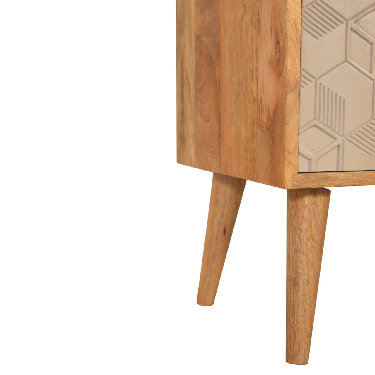 Light brown wooden acadia bedside table with geometrically patterned beige panel and tapered legs
