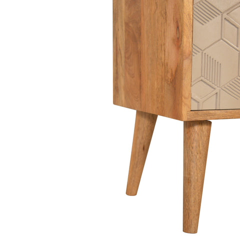 Light brown wooden acadia bedside table with geometrically patterned beige panel and tapered legs