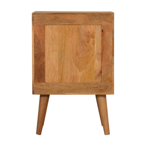 Acadia bedside table light brown wooden nightstand with square top single door and tapered legs for bedroom use