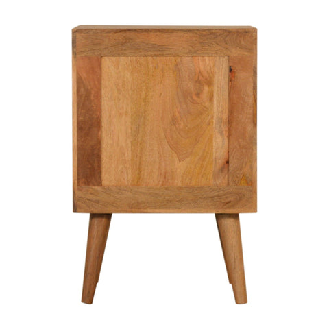 Light brown wooden acadia bedside table with a square top single door and tapered legs for bedroom use
