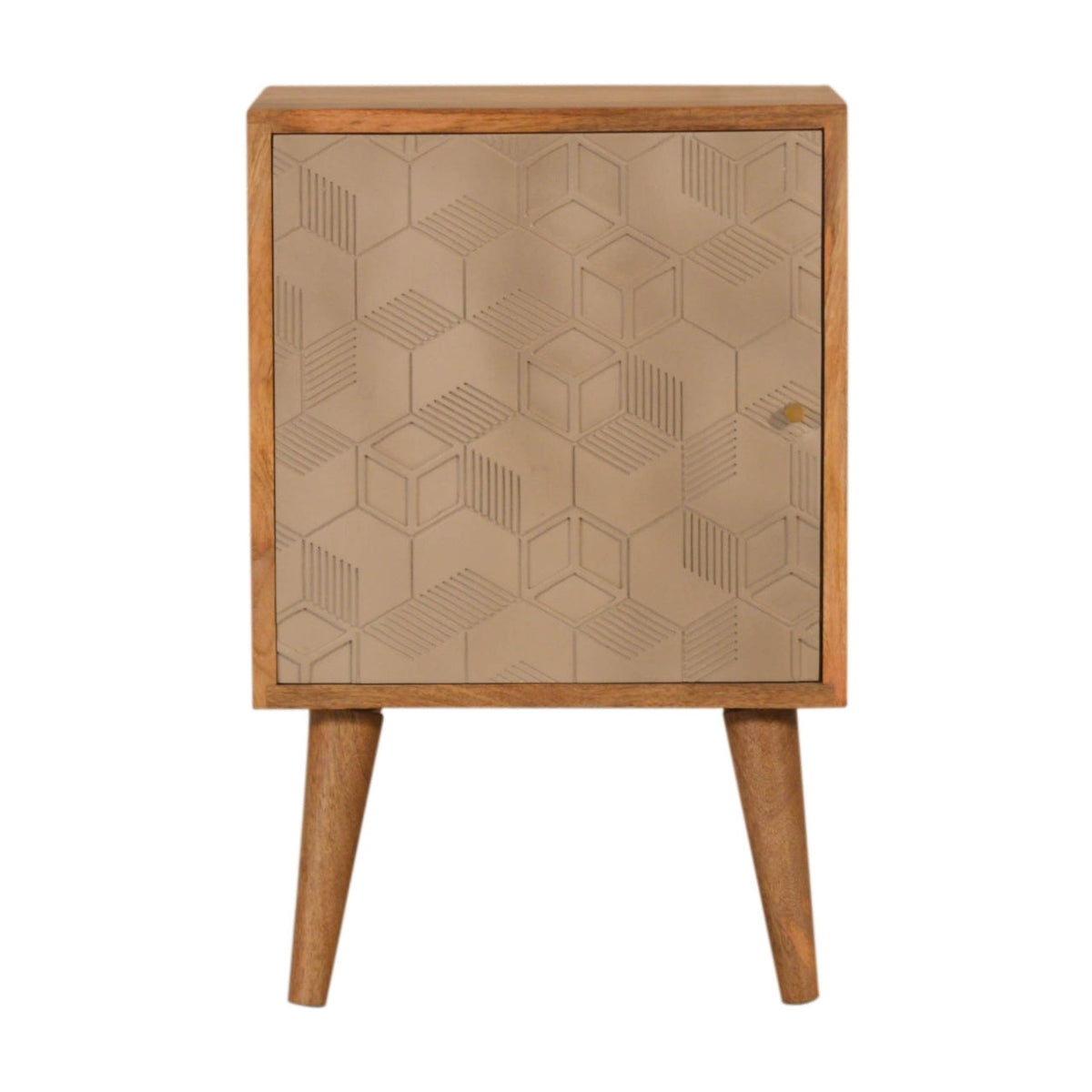A mid-century modern Acadia bedside table with light wood frame and beige door embossed with hexagonal pattern