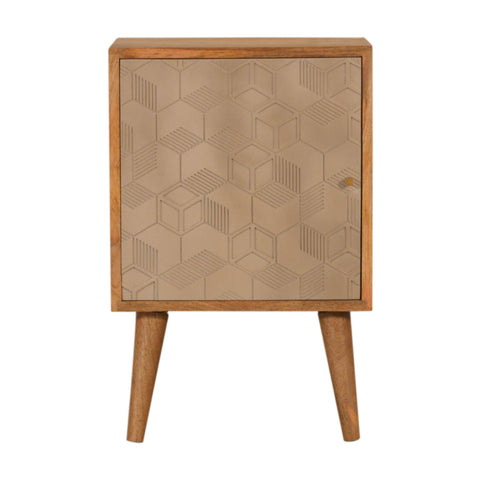 A mid-century modern Acadia bedside table with light wood frame and beige door embossed with hexagonal pattern