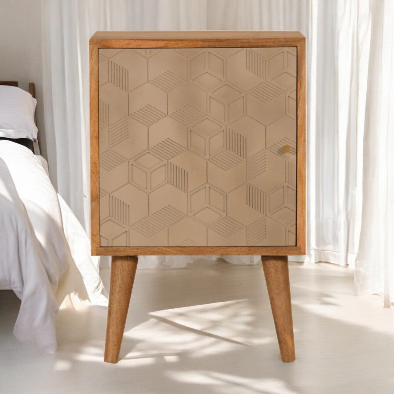 Acadia bedside table mid-century modern nightstand with light wood frame tapered legs and beige embossed hex door