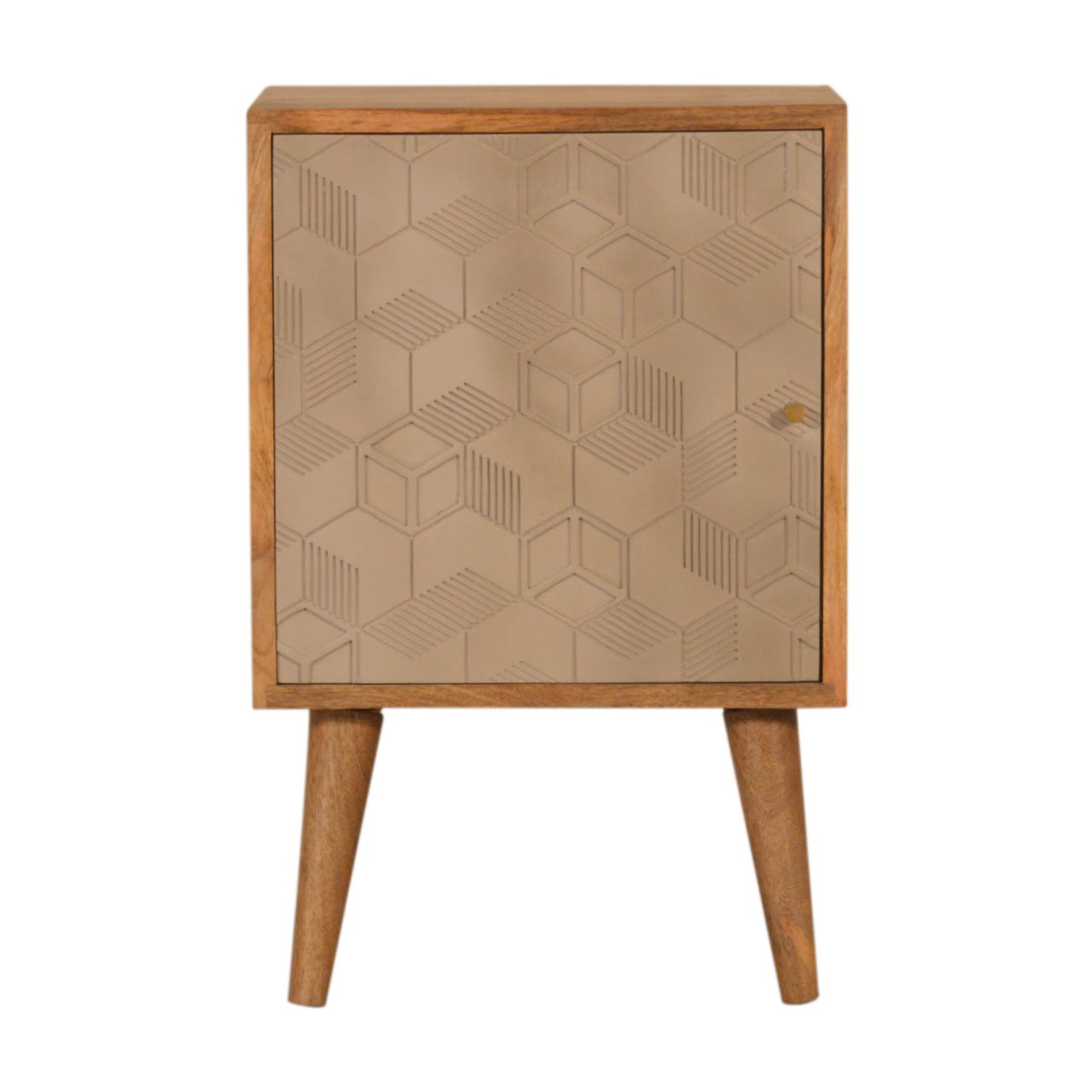 Acadia bedside table mid-century modern nightstand with light wood frame beige door and embossed hexagonal pattern