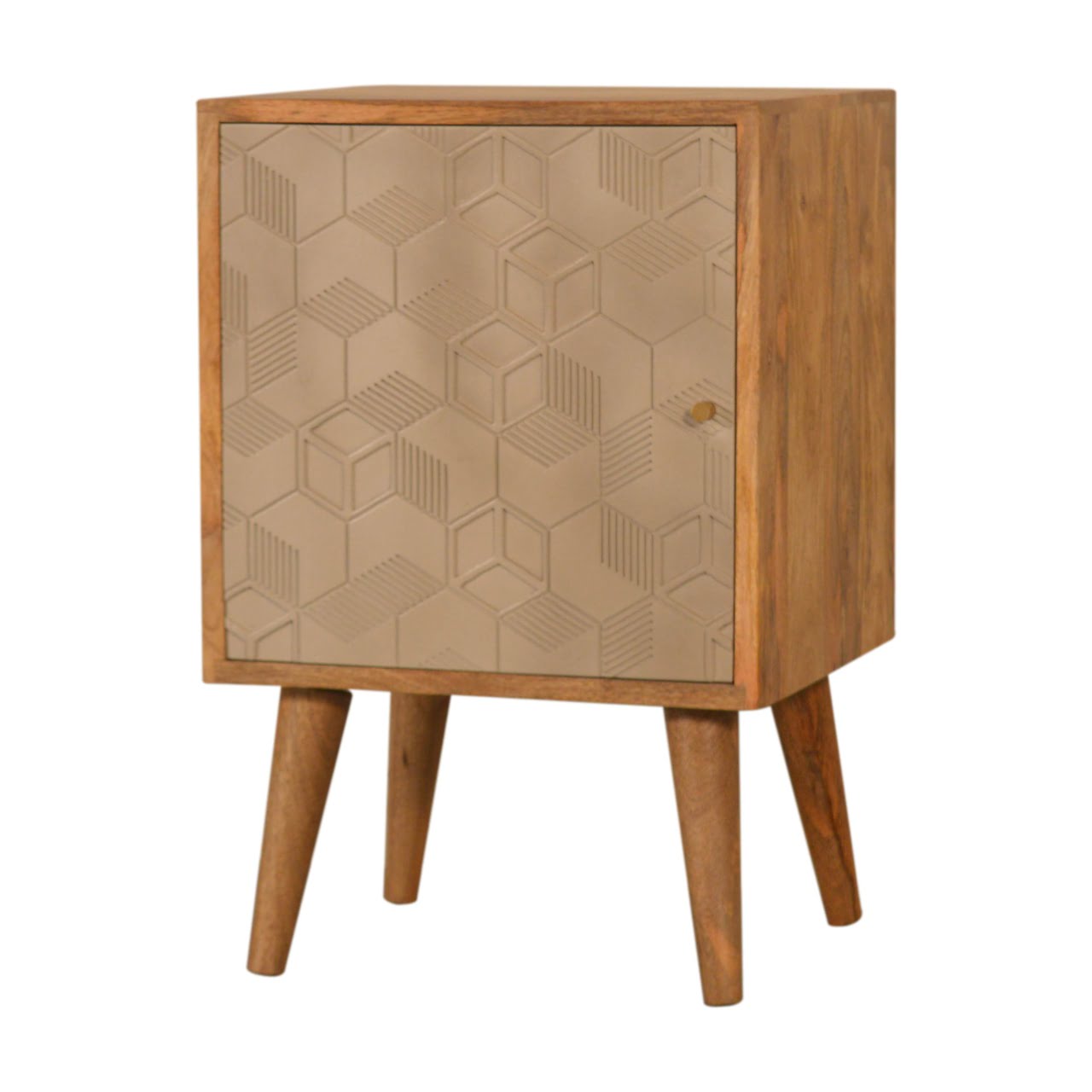 Acadia bedside table mid-century modern nightstand with light wood finish and embossed hexagonal door pattern