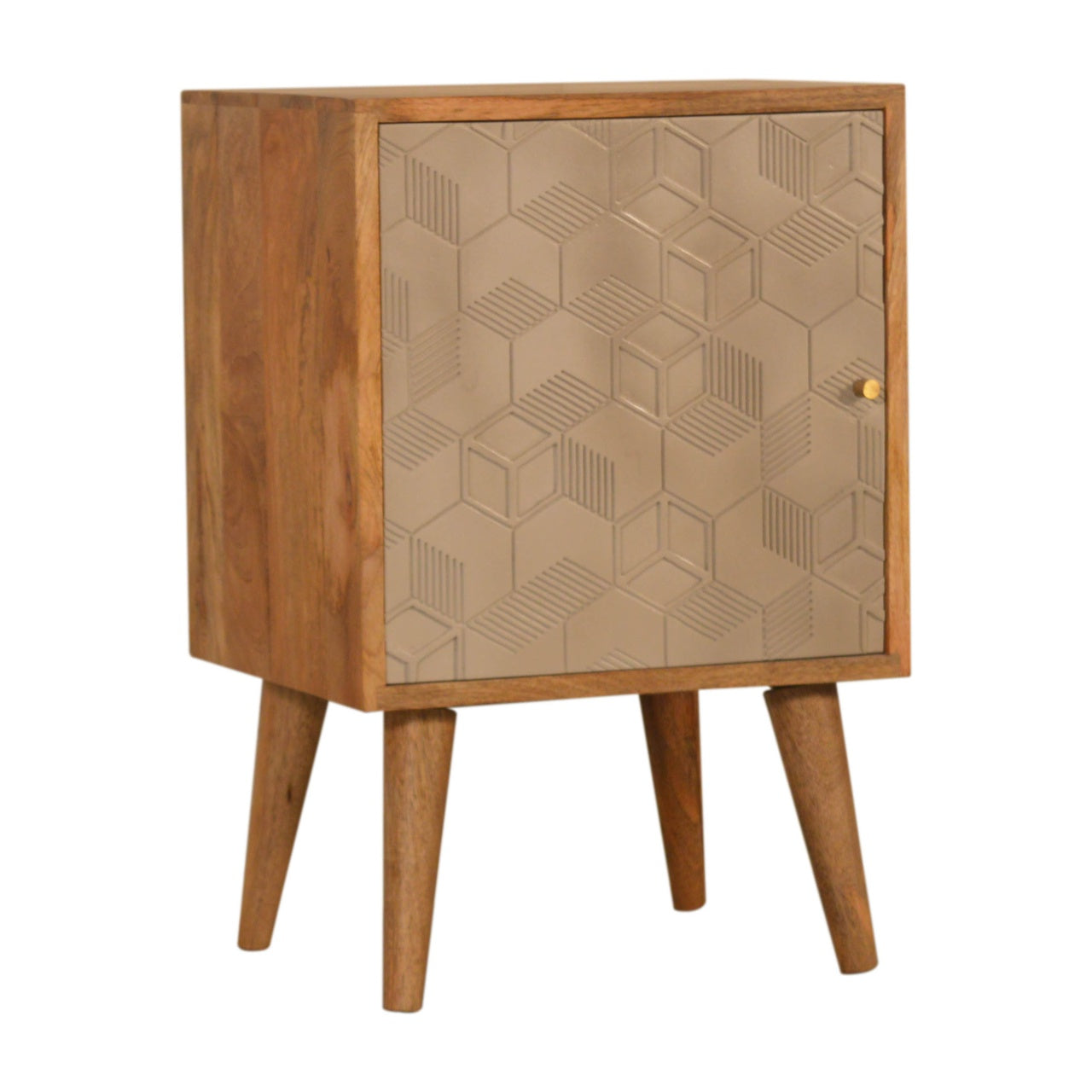 A mid-century modern acadia bedside table with warm wood finish, geometric embossed door, and tapered legs