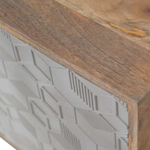 Acadia bedside table with a rustic wooden cabinet, natural wood top, and gray geometric patterned sides