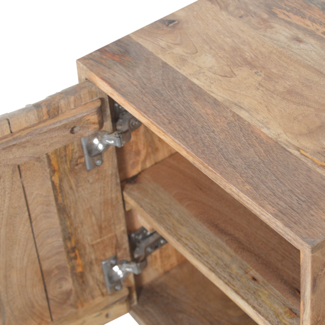 Rustic acadia bedside table made of wood with visible grain and metal hinges for a cozy bedroom vibe
