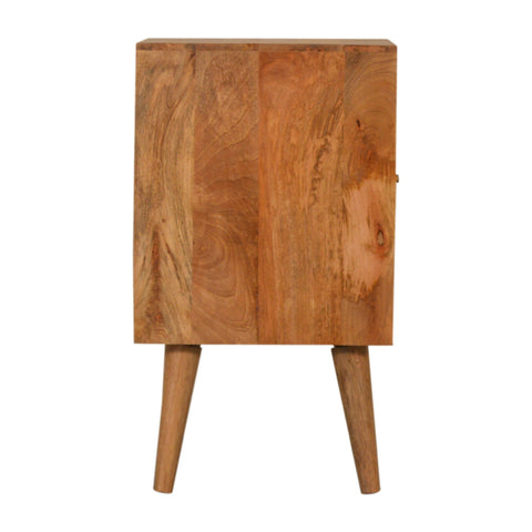 A rustic wooden acadia bedside table with a warm natural finish and distinctive tapered legs for bedroom use