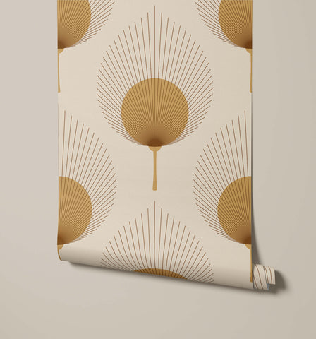 A roll of ace cream-colored wallpaper with a repeating geometric pattern of gold fan-shaped motifs