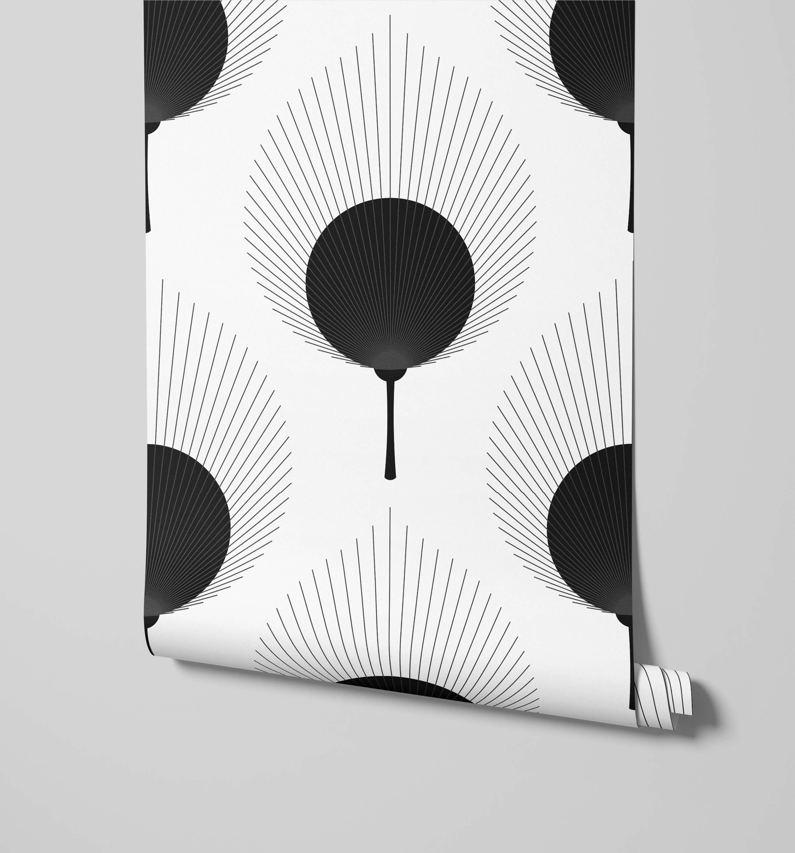 Ace black and white geometric wallpaper with stylized fan motifs and radiating lines for stylish wall decor