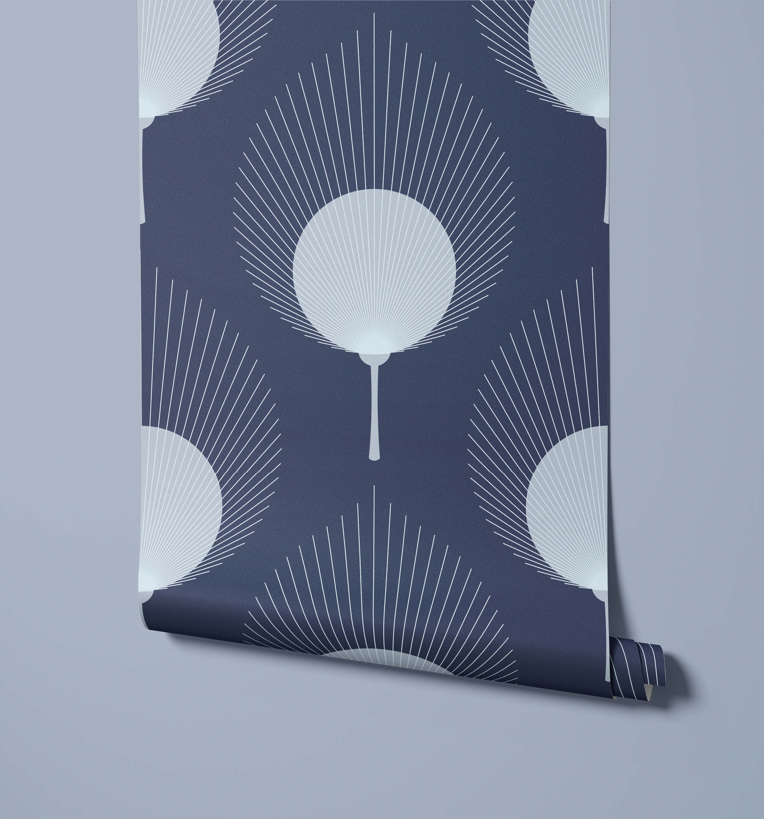 Ace dark blue wallpaper with repeating white fan motifs and radiating lines for stylish wall decor