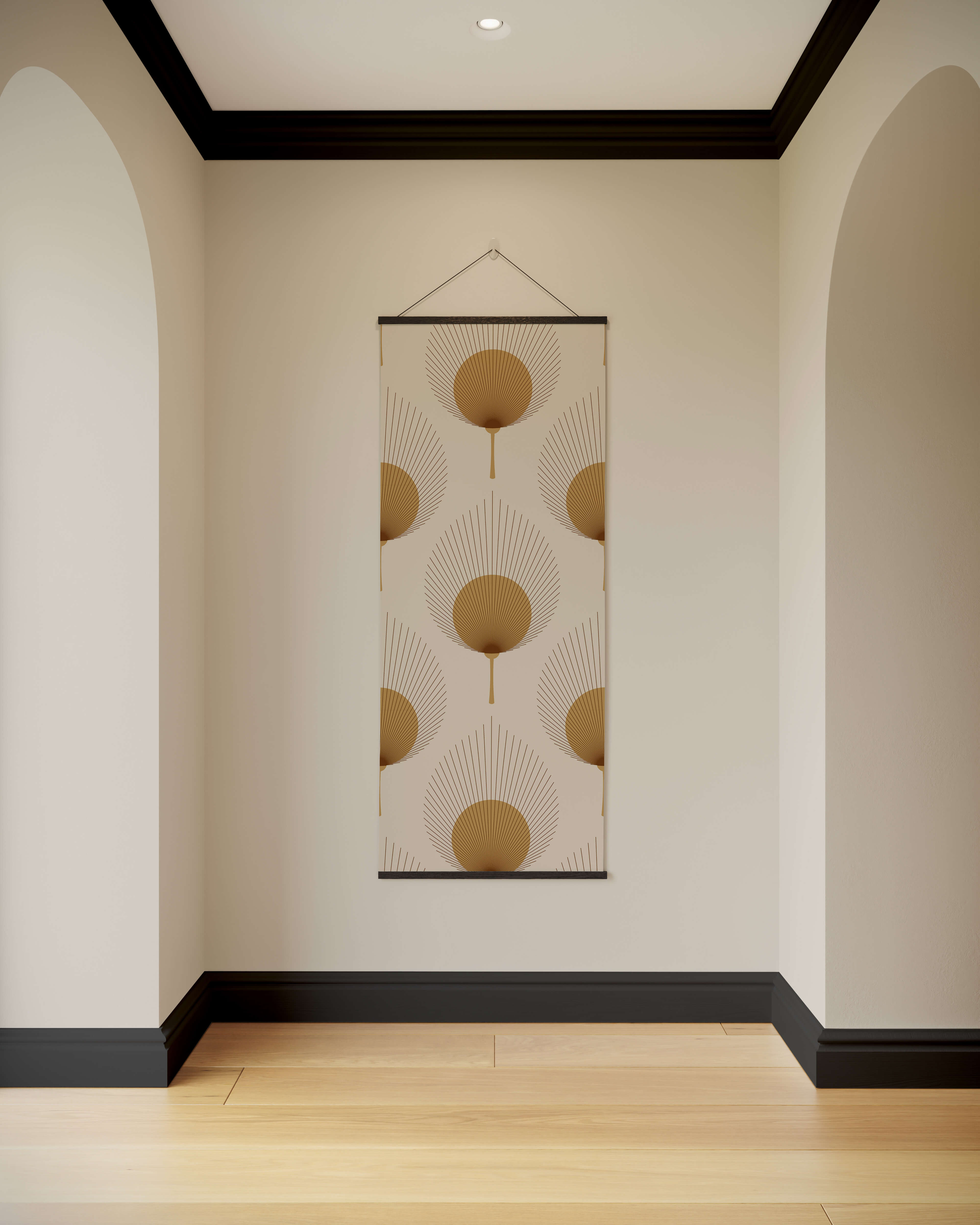 Beige ace fan leaf tapestry with gold art deco circular fans and black border wall hanging