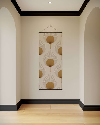 Beige ace fan leaf tapestry with gold art deco circular fans and black border wall hanging