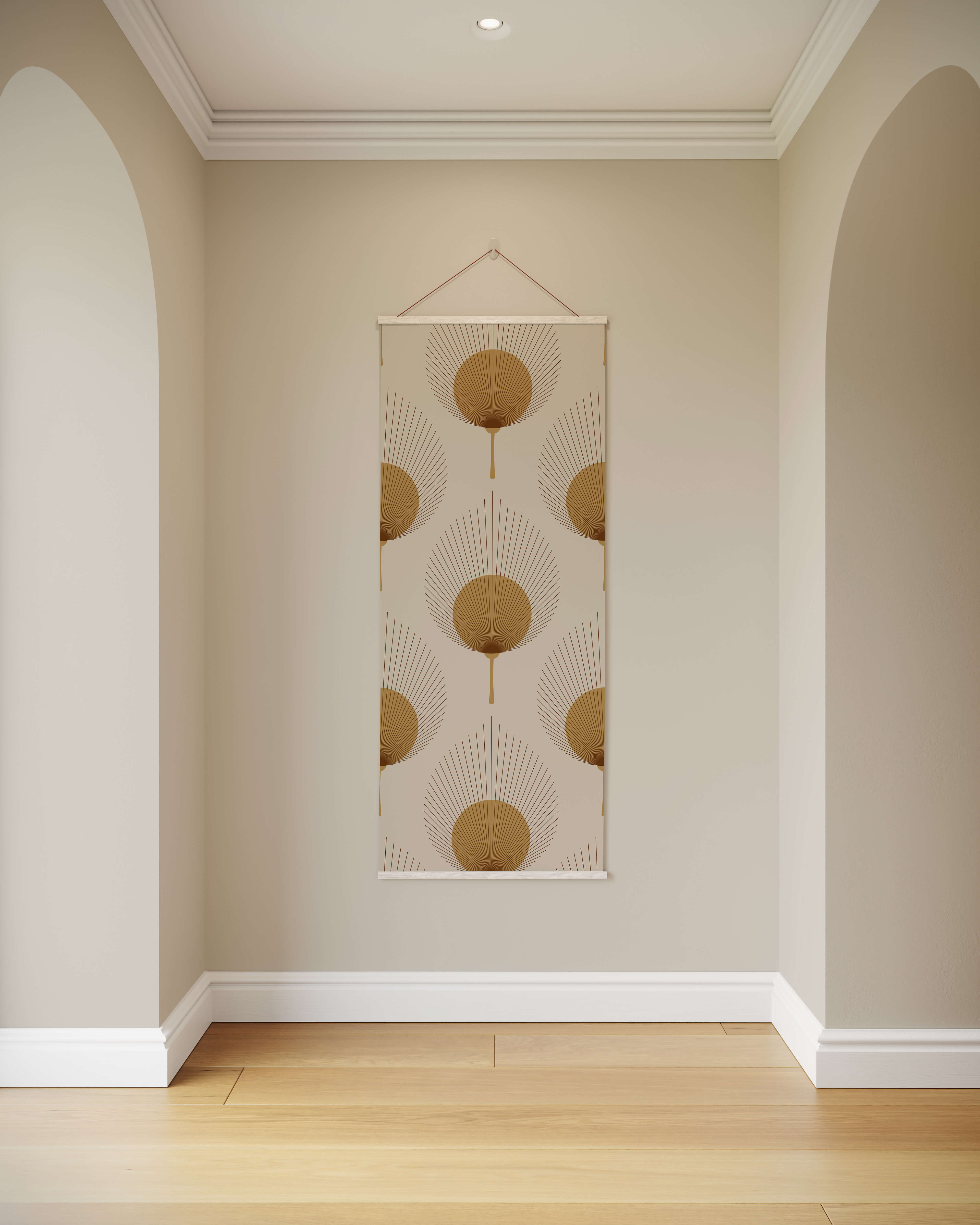 Beige art deco ace fan leaf tapestry with gold geometric circular fan patterns and a white border wall hanging