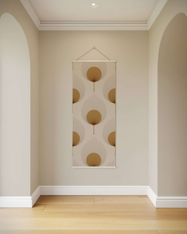 Beige art deco ace fan leaf tapestry with gold geometric circular fan patterns and a white border wall hanging