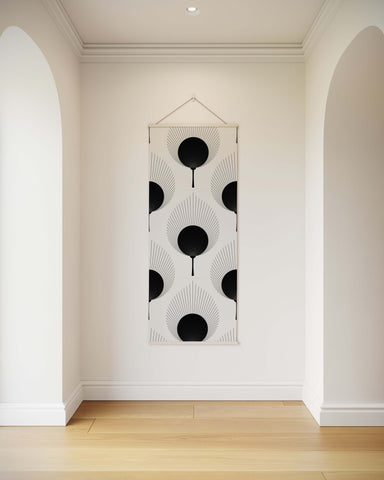 Black and white art deco ace fan leaf tapestry with geometric radiating line patterns for wall hanging