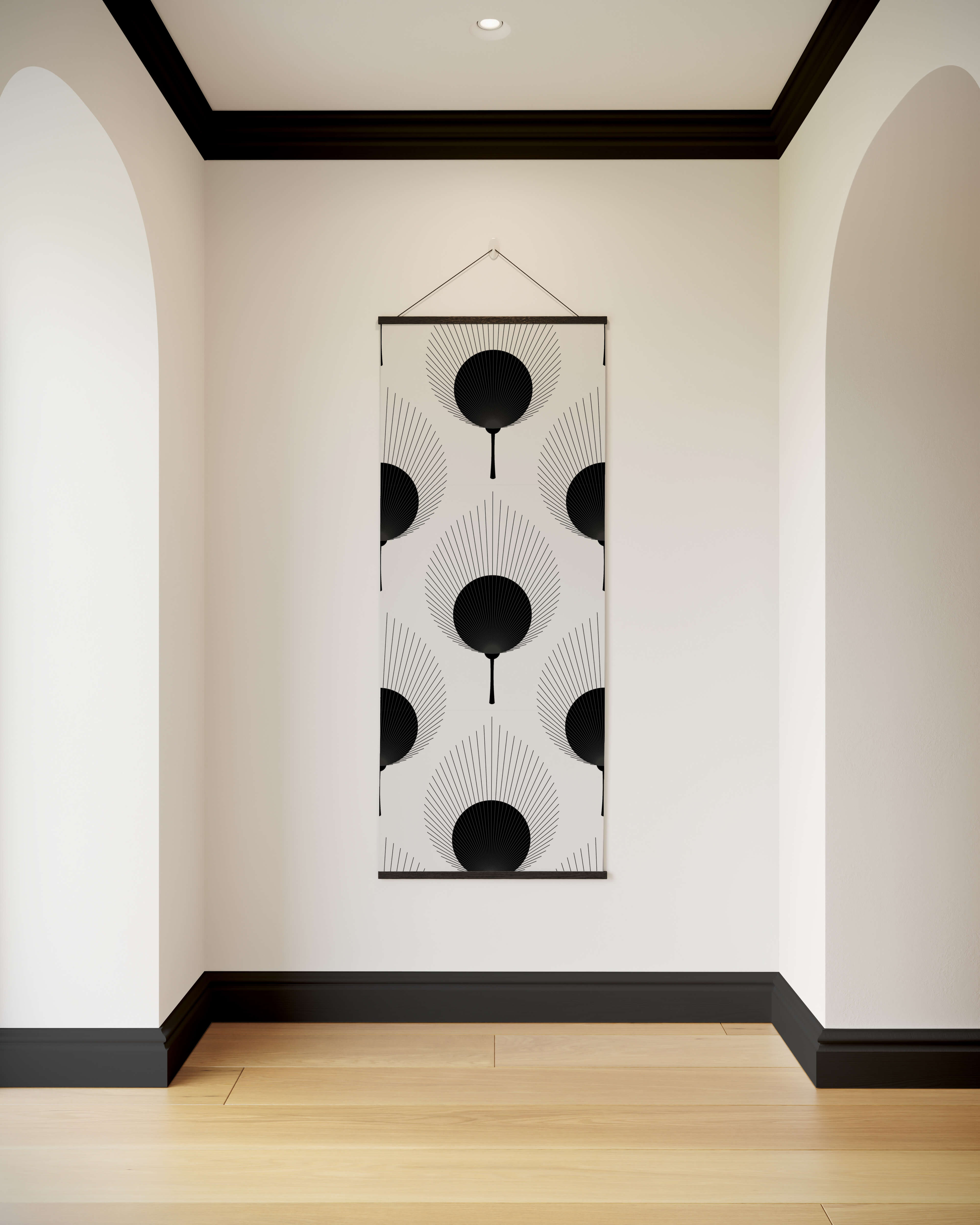 Black and white art deco wall hanging with circular motifs and radiating lines ace fan leaf tapestry