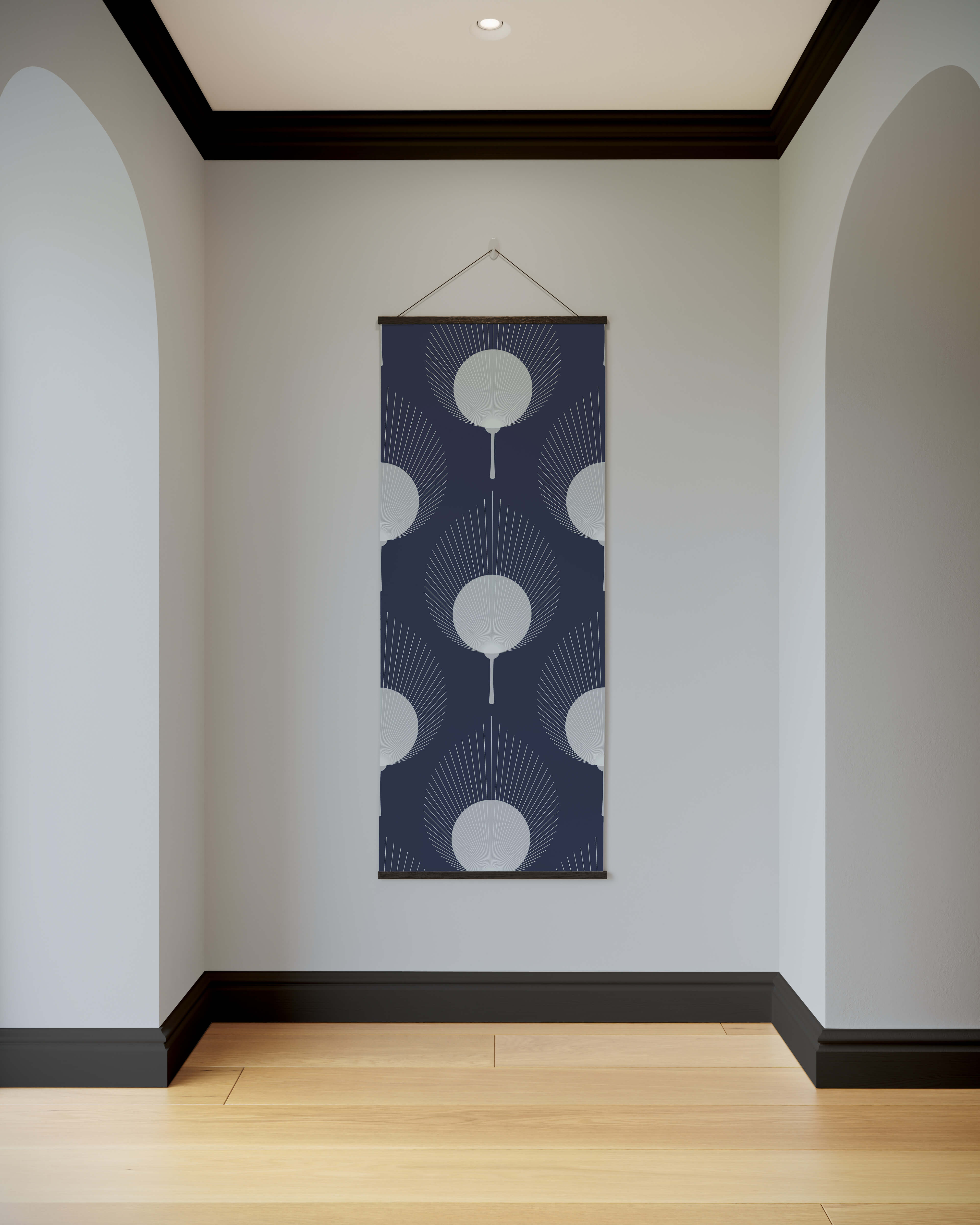 A navy blue ace fan leaf tapestry with white art deco circular patterns perfect for hanging decor