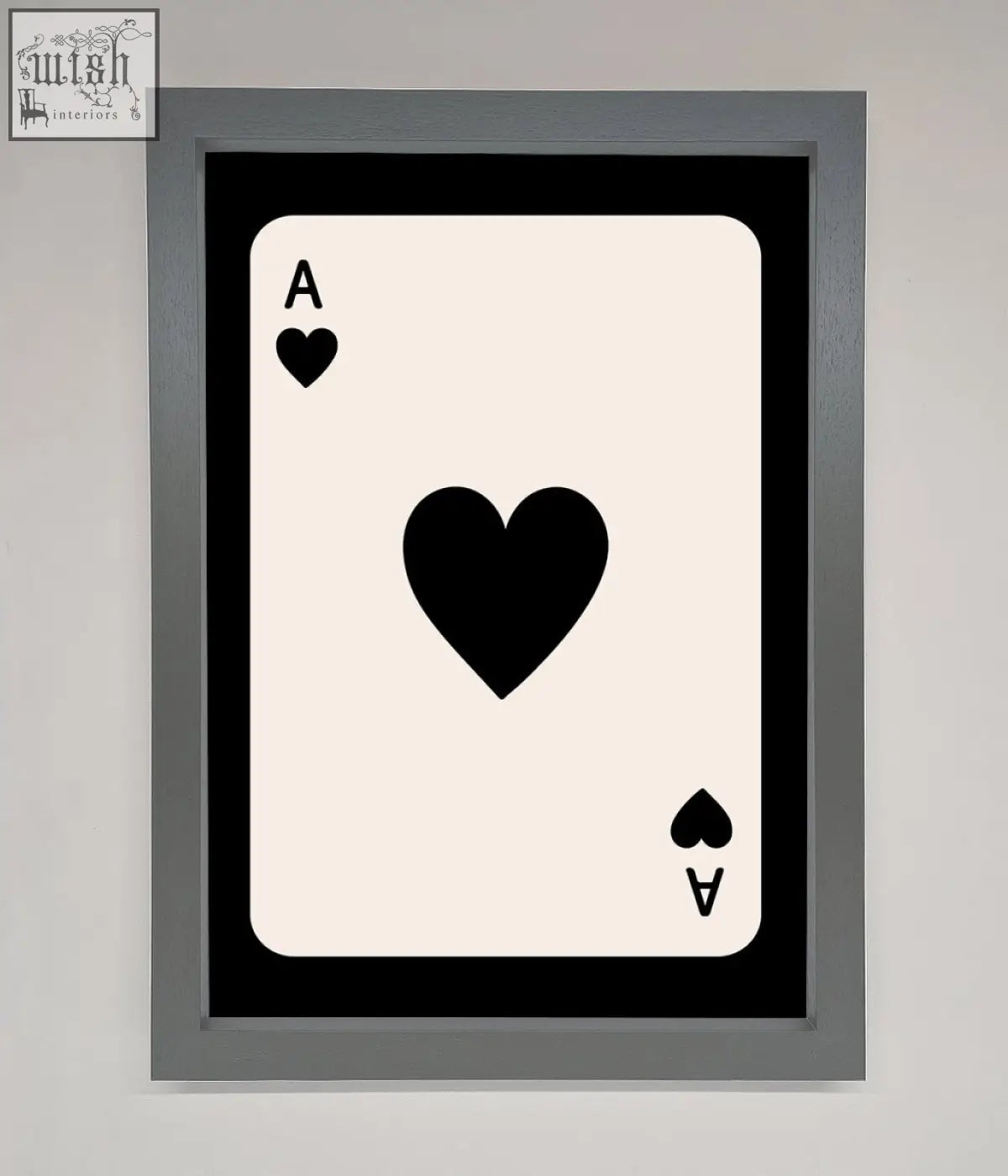 Minimalist black and cream ace of hearts framed poster in a sleek gray frame perfect for hearts framed decor