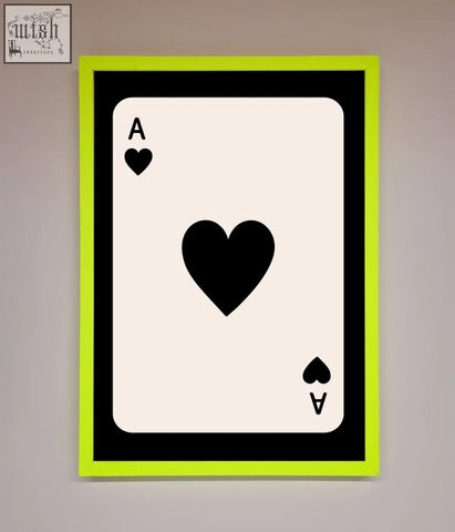 A hearts framed poster featuring a minimalist ace of hearts design with black symbols on cream and neon green border