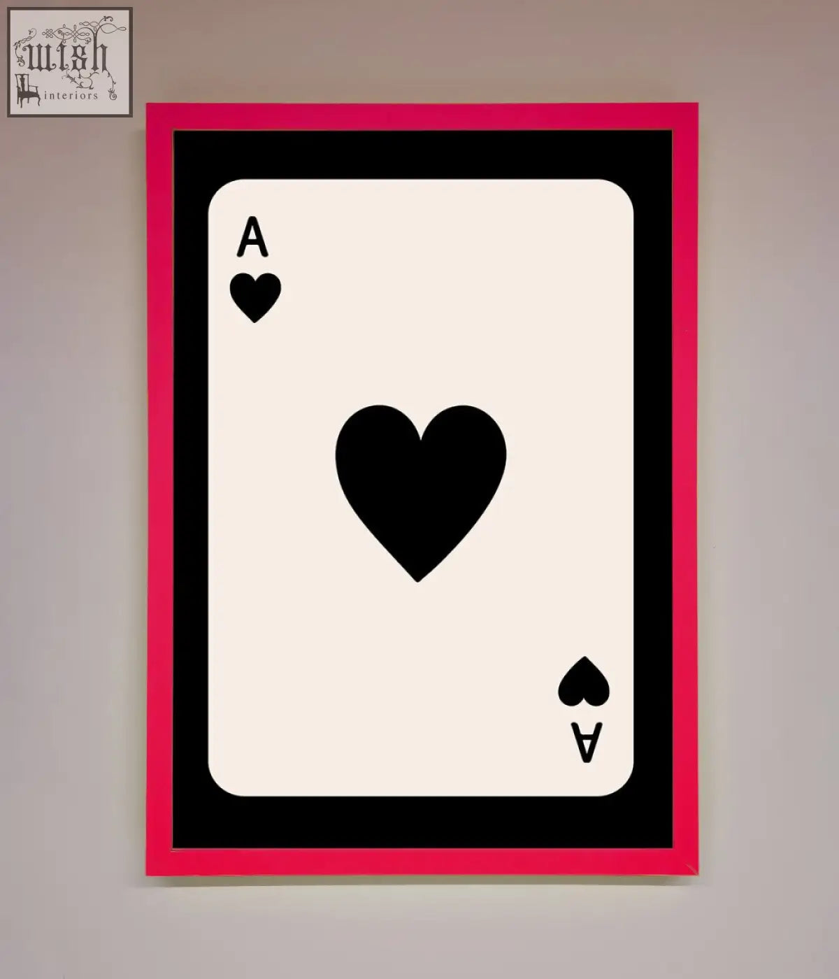 A hearts framed poster featuring an ace of hearts card with a bold pink border and black and white design
