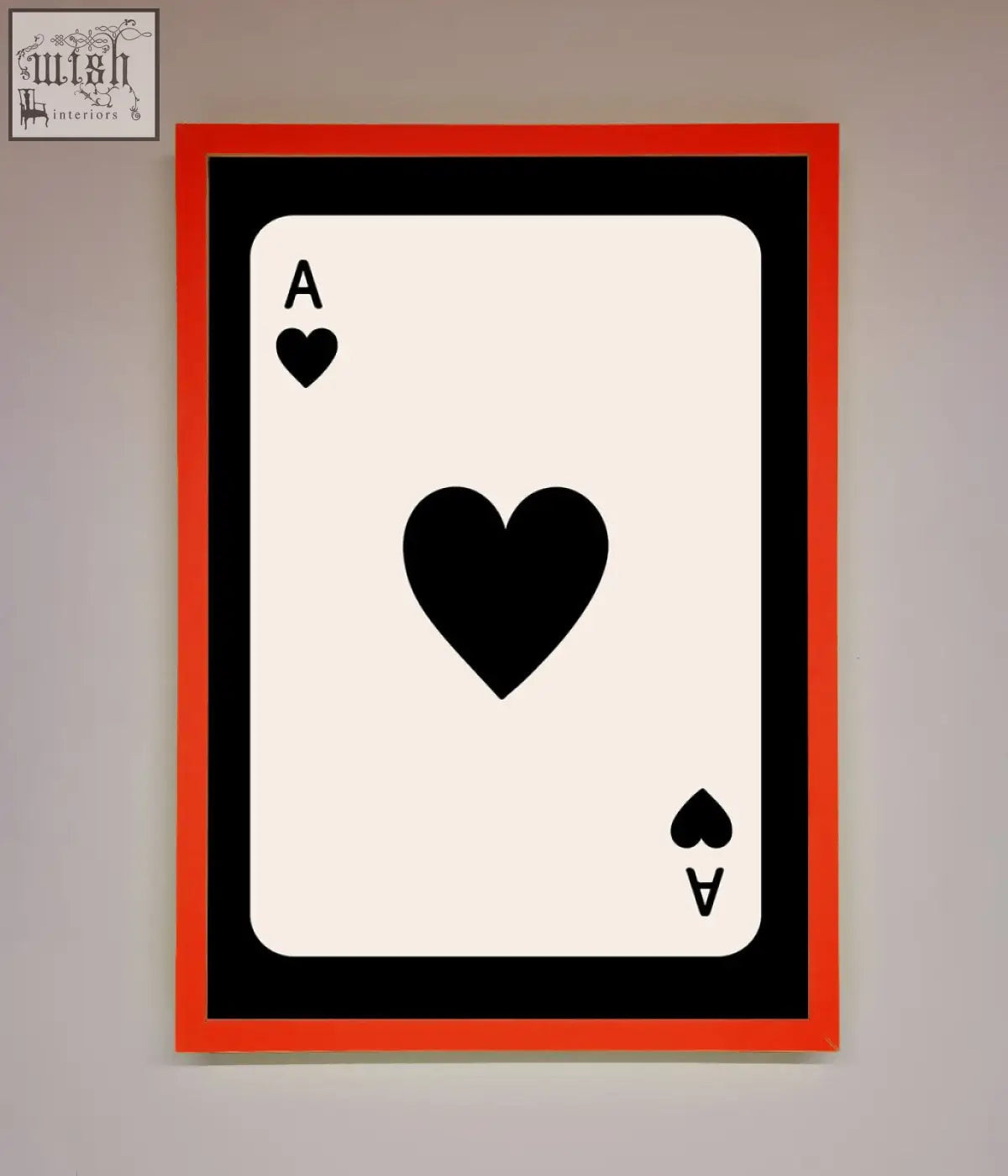 Ace of hearts framed poster with bold black hearts on off-white background and vibrant orange border hearts framed poster