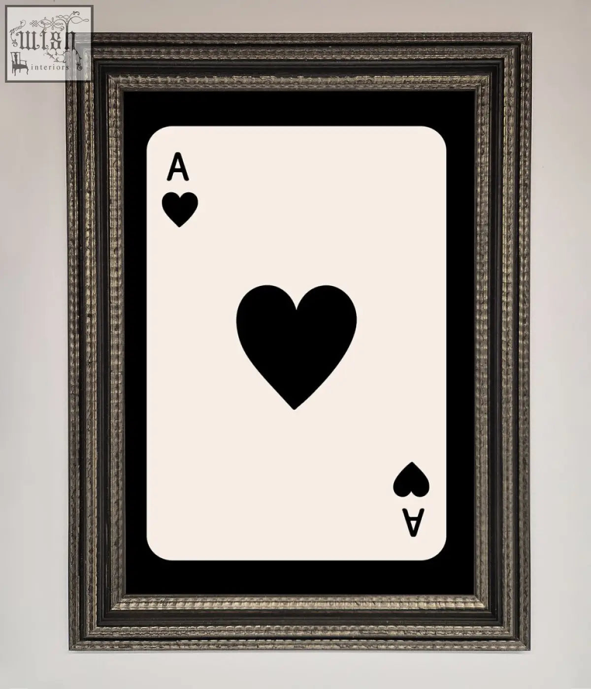 Black and cream ace of hearts playing card art print in an ornate silver hearts framed poster perfect for game rooms