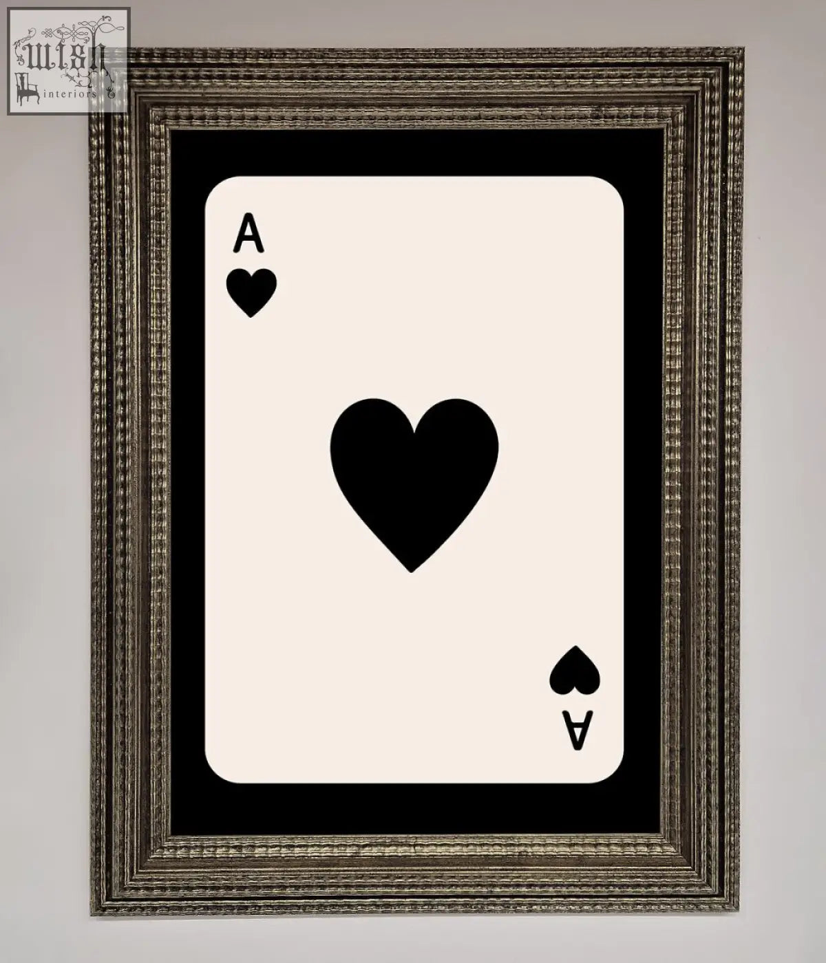 Black and cream ace of hearts playing card print in an ornate silver frame hearts framed poster perfect for decor