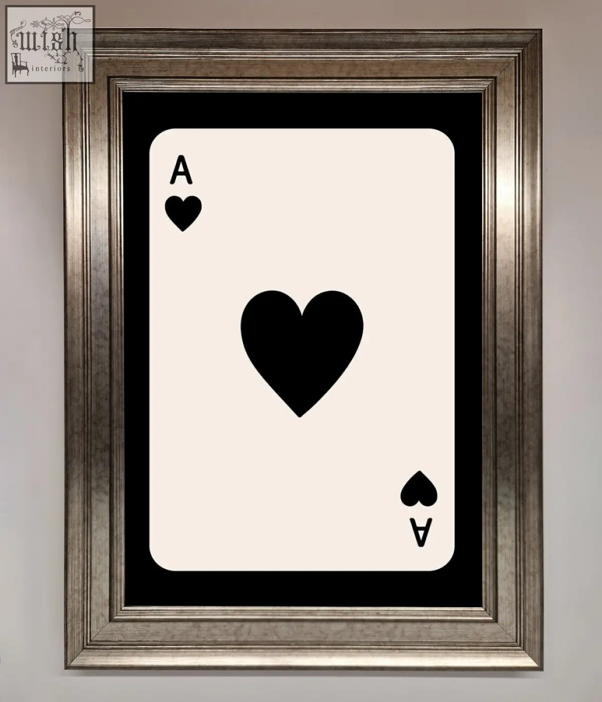Black and cream ace of hearts framed poster in silver-toned frame perfect as a hearts framed wall art piece