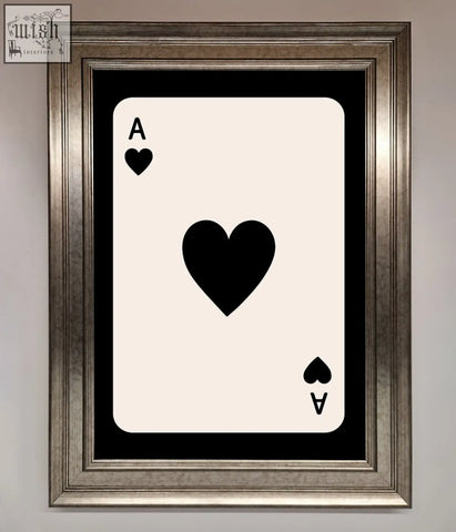 Black and cream ace of hearts framed poster in silver-toned frame perfect as a hearts framed wall art piece