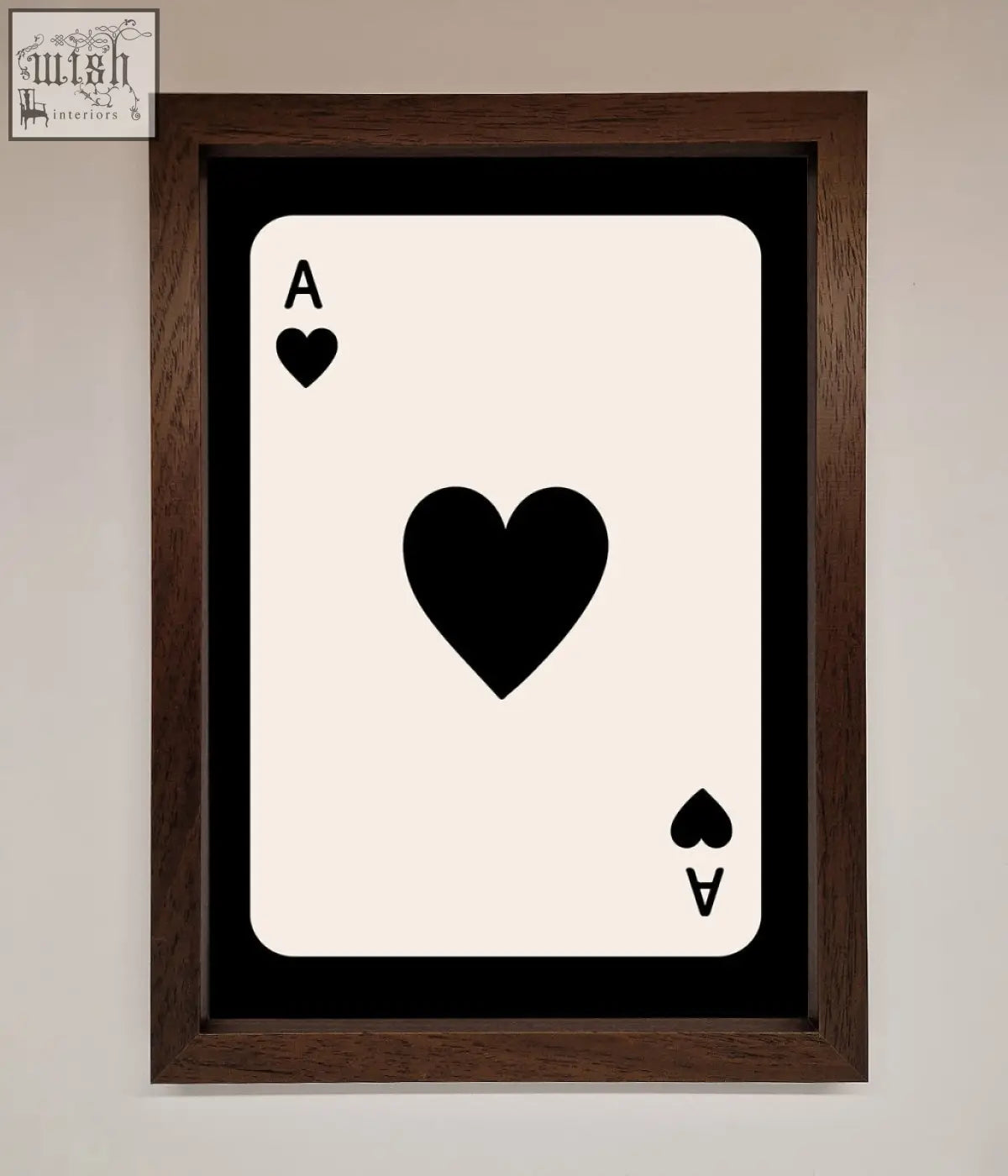 A minimalist black and cream ace of hearts framed poster in dark wood perfect as a hearts framed wall art