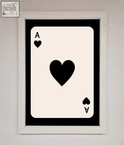 Minimalist ace of hearts framed poster featuring black and cream playing card art in a white frame hearts framed poster